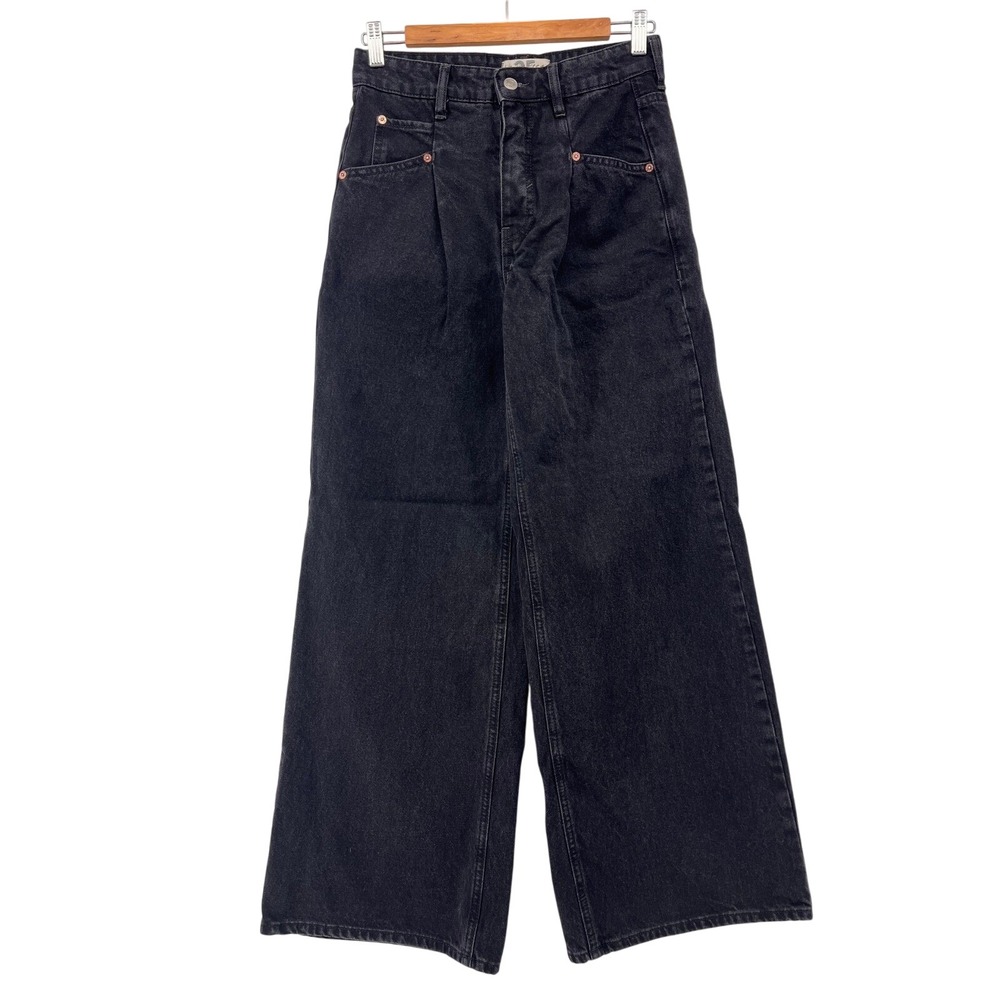 We The Free Black Denim Wide Leg Baggy Jeans Womens Pleated High-Waist Size 25